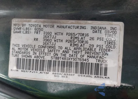 2000 Toyota Tundra Ltd V8 z USA, uszkodzony, nr VIN 5TBBT481XYS076945